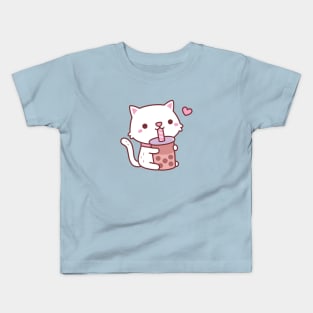 Cute White Cat Loves Drinking Boba Tea Kids T-Shirt